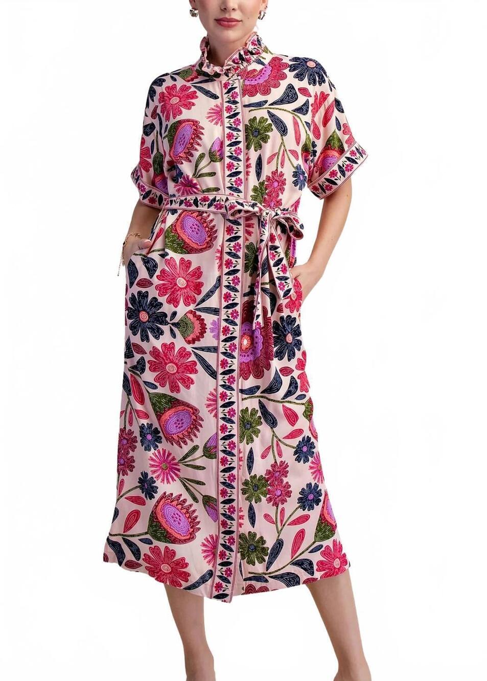 NEW GLAM leighton floral belted midi dress in pink multi